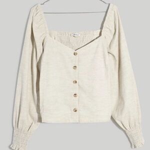 Madewell Corduroy Sweetheart Women's Cream Smocked- Back Button-Up Top
